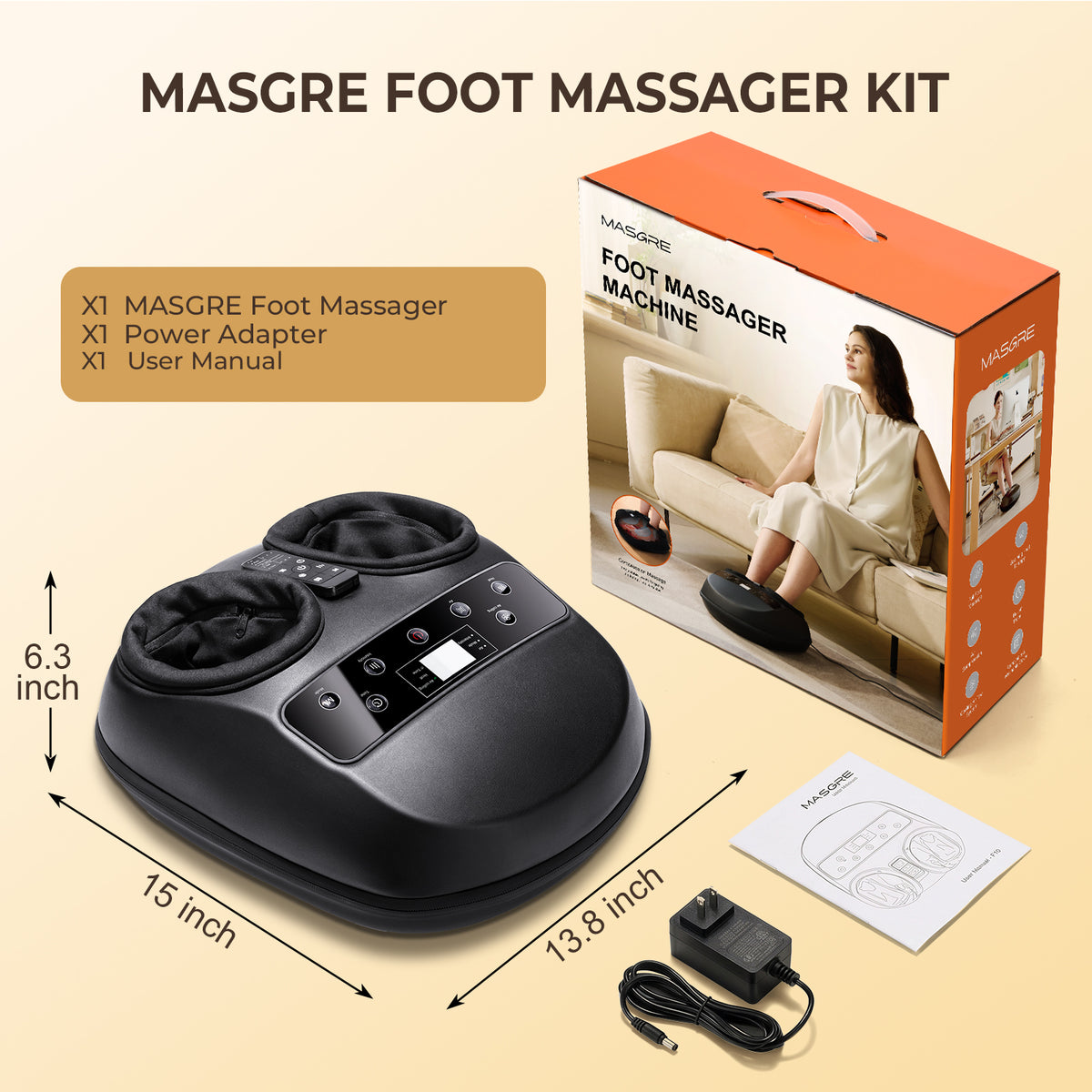 MASGRE Shiatsu Foot Massager with Heat, Deep Kneading & Air Compression Cordless Remote, 2 Heat & 3 Compression Levels, Cooling Airflow, Foot & Calf Massage for Plantar Fasciitis, Fits Size 13"