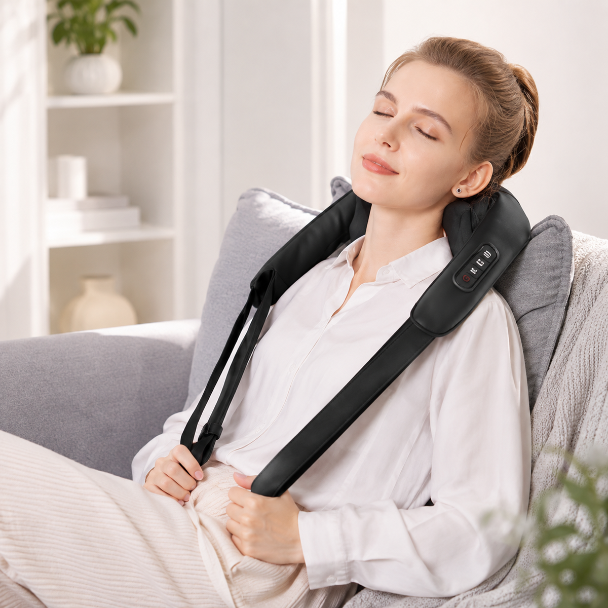 Woman relaxing on a sofa with eyes closed while wearing U20 neck and shoulder massager at home