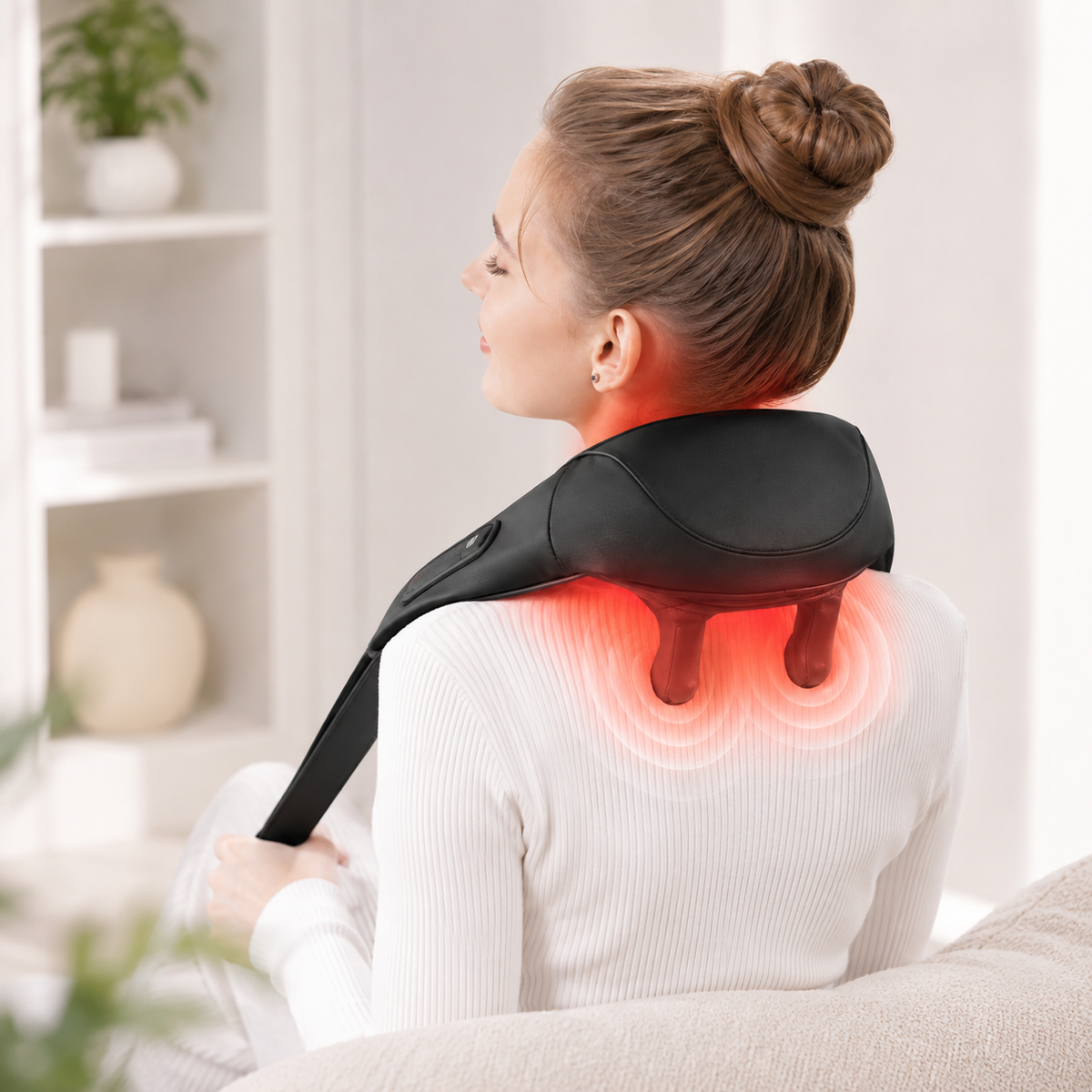 Woman wearing U20 neck massager on shoulders with red heat therapy glow visible on neck and upper back